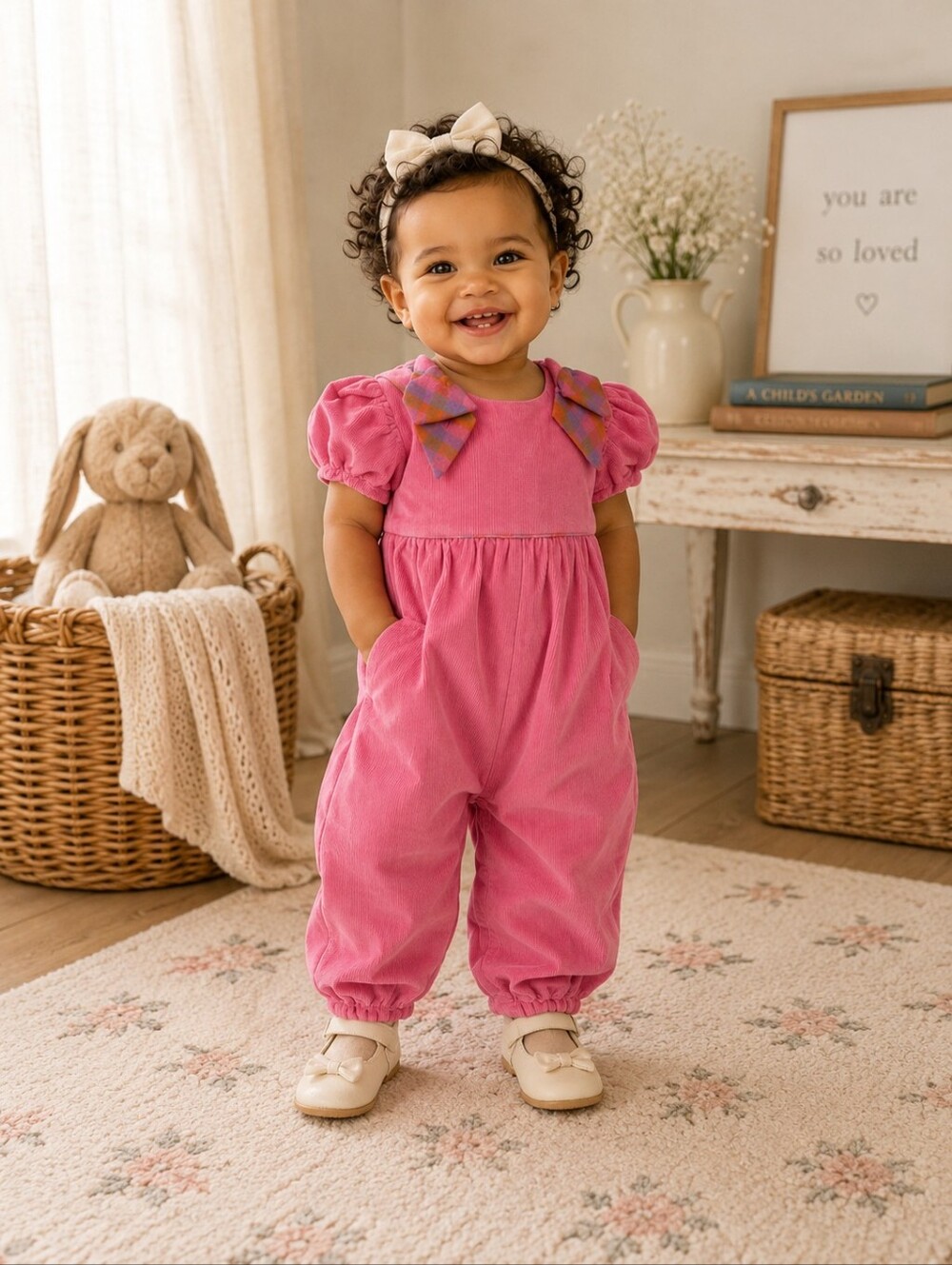 The Beaufort Bonnet Company Pink Corduroy Bow Romper 12/18M NWT